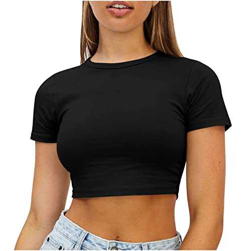 Women Crop Cute Trendy Basic Tight Rounk Neck Crop Blouse Short Sleeve Crop TopS