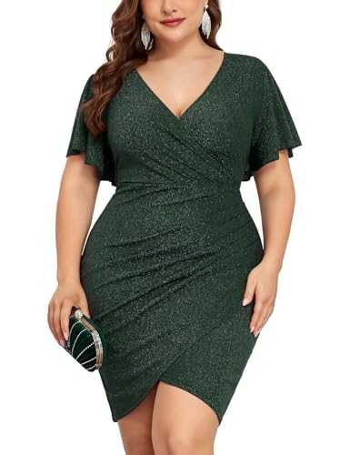 ZOMVA Plus Size 1X-4X Sparkly Glitter Ruched Bodycon Mini Dress Sparkle Sequin Wrap Ruffle Sleeve Dress Cocktail Party Formal