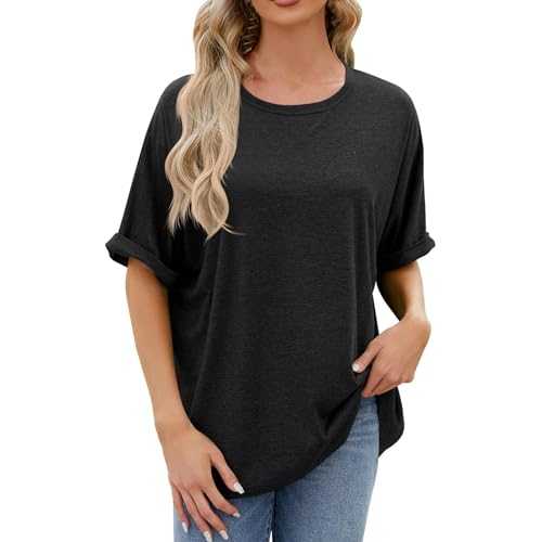 Clazshciyㅤ Loose T Shirts for Women UK Short Sleeve Round Neck Shirts and Blouses Solid Color Stretch Longline Ladies Tops Elegant Plain Summer Oversized Tops for Street Work Wear