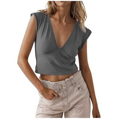 Womens Cropped Tank Tops Deep V Neck Low Cut Summer Cap Sleeve T Shirts Y2k Slim Fit Cute Tees