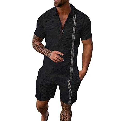 Cocila Mens Short Sleeve Casual Shirt and Shorts Sets Two Summer Outfits Zip Tracksuit Set Men Suit Slim Fit Men's Hoodie Set Plain Men's Activewear Fleece Men's Tracksuits Full Set