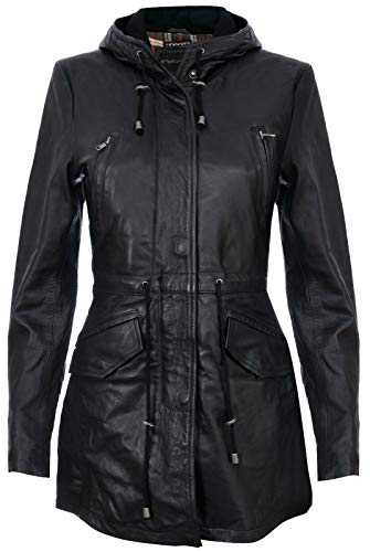 Women's Leather Hooded Parker Jacket Multi-Pocket Trench Coat