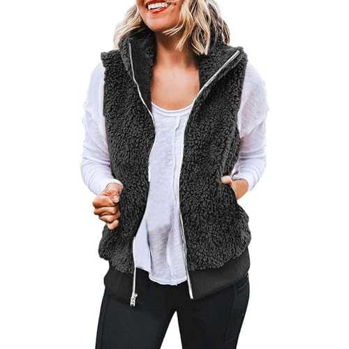 HAOLEI Women's Fleece Gilet Clearance, Women Sherpa Fleece Bodywarmer Vest with Pockets Teddy Fluffy Gilet Ladies Lightweight Gilets Fuzzy Fur Jacket Cozy Stand Collar Waistcoat Vests Plus Size 22