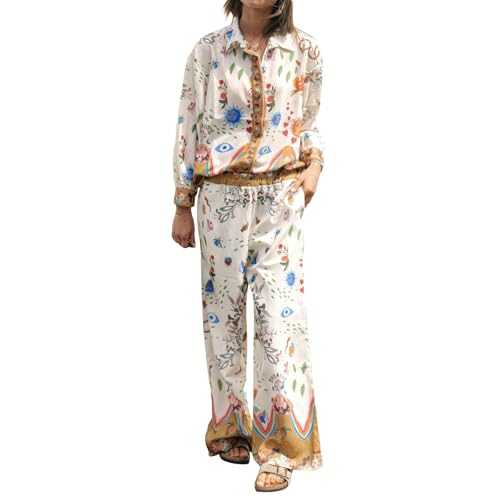 Women’s Y2k 2 Piece Outfits Bohemian Vintage Graffiti Floral Short Sleeve Button Up Shirt + Drawstring Wide Leg Pants Set Beachwear