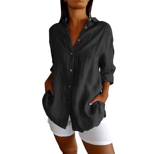 Black Blouse Women's Elegant Blouse Tops Long Sleeve Women's Blouses Oversize Buttons Leisure Blouse Tops Airy Satin Work Top 3/4 Sleeve Linen Blouse Casual Silk-like Shirt Solid