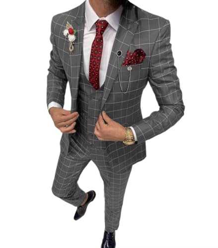 Solovedress Suits for Men, 3-Piece Classic Checked Men's Suit, Jacket, Trousers, Vest for Weddings and Business