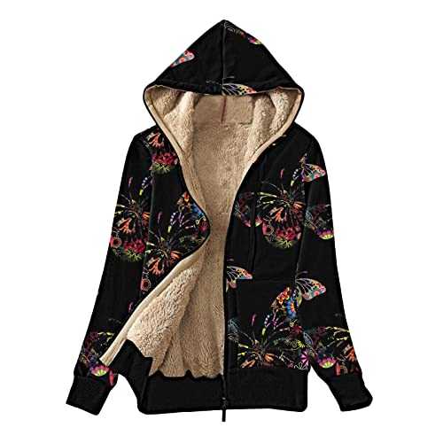 MOSZ Women Fall Winter Warm Hoodie Fleece Lined Zip Up Sweatshirt Jacket Coat Ladies Loose Butterfly Print Cardigans Fleece Tops Long Sleeves Front Pockets