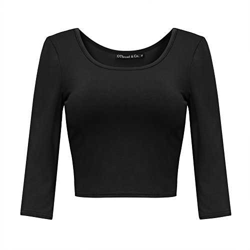 OThread & Co. Women's Crop Tops Basic Stretchy Scoop Neck 3/4 Sleeve T-Shirt