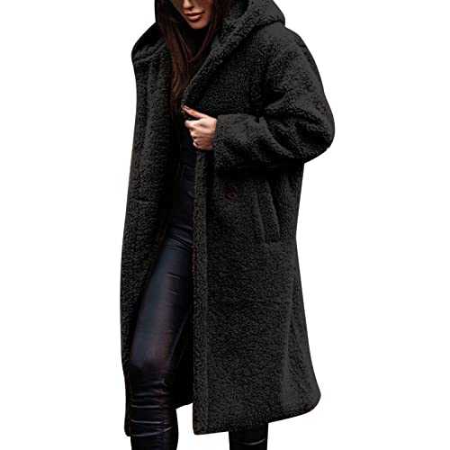 FNKDOR Women's Teddy Fleece Long Coat Faux Fur Longline Coat for Ladies UK Open Front Cardigan Sherpa Jacket Ladies Trench Coat Outwear Overcoat Autumn Winter Warm Trench Coat