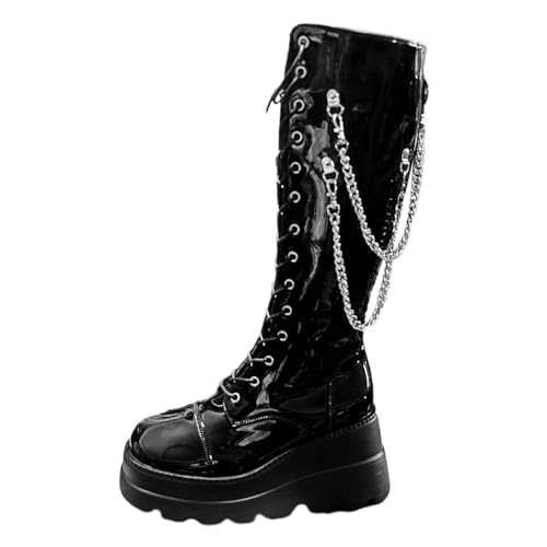 Overknees Boots Women's Hiking Boots Women's Plain Women's Boots with Thick Base, Slanted Heel, Chain, High, Glossy, Large Knee Boots, Long Boots, Women's Ankle Boots, Leather Vintage