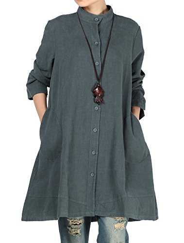 Vogstyle Women's Autumn Cotton Linen Full Front Buttons Shirt Dress with Pockets