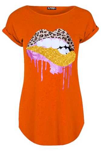 MBN Womens Glitter Biting Leopard Lips Curved Hem Ladies Turn Up Sleeve T Shirt Top