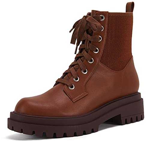 VETASTE Women's Lug Sole Lace Up Ankle Boots Round Toe Low Chunky Block Heel Winter Combat Booties