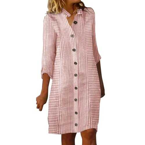 Spring Dresses for Women UK Women's Cotton Linen Solid Color Summer Casual Belt Pocket Roll Sleeves T Shirt Dress Loose Midi Dress White Maxi Dress