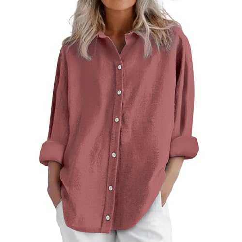 HOOUDO Linen Tops for Women UK Long Sleeve Button Down Blouses Shirts Ladies Summer Casual T-Shirts Oversized Lightweight Tunic Top Tee Plus Size