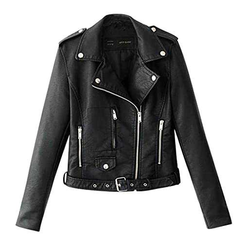 SIGOYI Leather Jacket For Women Plus Size Rivets Punk Biker Jackets Belted Ladies Borg Collar Windbreak Coats