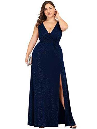 Ever-Pretty Women's V Neck Sleeveless Empire Waist Thigh High Split Plus Size Evening Gowns with Shinny Dot Navy Blue 24UK