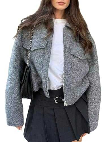 Wyeysyt Wool Coats for Women Lapel Zip Up Copped Bomber Jacket Outerwear with Pockets 2025