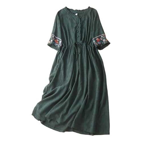Women Summer Dress Women's Cotton Linen Dresses Summer Embroidered Sleeve A Line Comfy Cotton Maxi Dress Trendy Vacation Clothes Maxi Dresses for Women UK Plus Size