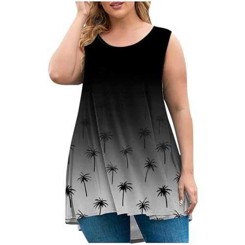 Plus Size Tank Tops for Women UK Sale Clearance Long Vests Coconut Tree Print Sleeveless Oversize T Shirts Round Neck Vest Tops Long Length Pullover Tunic Summer Loose Casual Tee Top