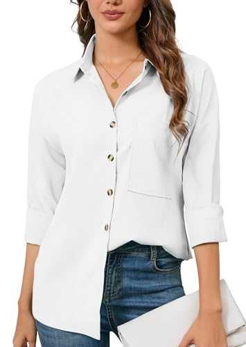 FaerieFlair Women's Blouse Long Sleeve Plain V Neck Button Down Shirt Casual Office Work Tops with Pocket
