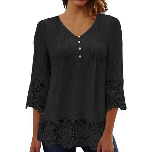 Blouses for Women UK Ladies 3/4 Sleeve Tunic Tops Lace Patchwork Shirts Pleated Tees Shirts Button V Neck Casual T Shirts Peplum Tops Solid Elegant Party Tops Flowy Blouse Going Out