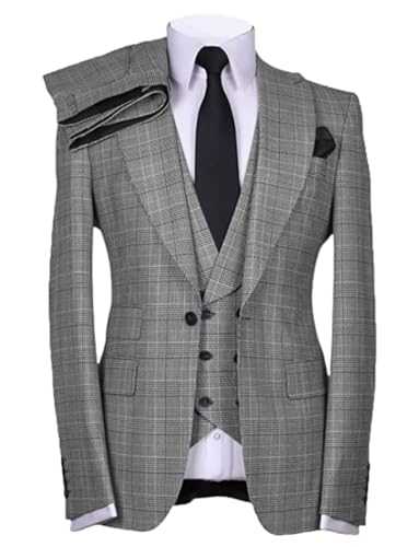 Pkrboro Men's Houndstooth Three-Piece Suit Set Single Breasted Button Notch Lapel Wedding Tuxedos Formal