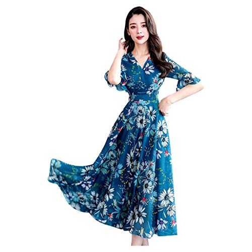 Skang for women UK Women Floral Sleeve Dress Long Casual Fashion A-Line Print V-Neck Slim Short Women's Dress casual wear for women summer