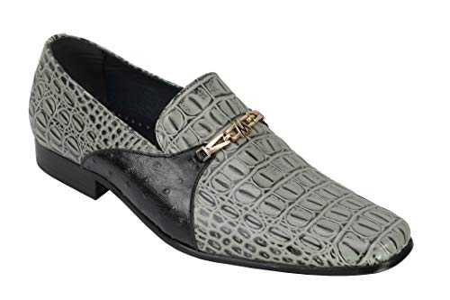 Mens Real Leather Textured Ostrich Print Grey Buckle Smart Party Funky Slip on Dress Shoes