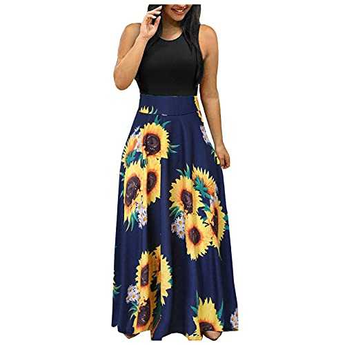 Summer Dresses for Women Maxi Boho Dresses Vintage Floral Print Cocktail Dress Short Sleeve Casual Sunflower Print Bohemian Long O Neck High Waist A-Line Elegant Sundress for Holiday Beach Party