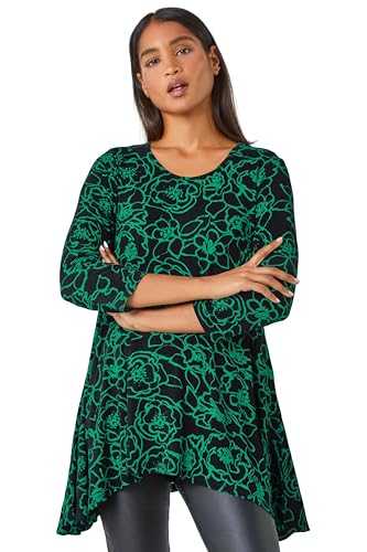 Roman Originals Hanky Hem Tunic Top For Women UK - Ladies Longline Blouse Asymmetric Hemline Casual Slouch Loose 3/4 Sleeves Round Neck Relaxed Comfortable Holiday