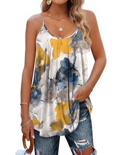 Aokosor Ladies Tops, Summer Vest Tops with Adjustable Spaghetti Straps, Pleated Sleeveless Tank, Women's Clothing, Regular Size, UK