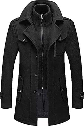 Business Slim Fit Jacket Plus Cotton Lining Thick Deduction Outdoor Windproof Coat Outdoor Men Warm Wool Coat, Detachable Double Collar Pea Coats Casual Winter