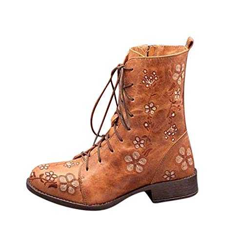 Women Long Ankle Boots Winter Wide Fitting Floral Embroidered Western Boots Shoes Fashion Casual Square Heels Slip-On Cowboy Boots Mid-calf Western Knight Boots
