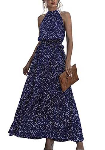 EFOFEI Women Boho Floral Flowy Dress Cocktail Evening Dress Beach Holiday Wedding Dress Halter Neck Maxi Dress