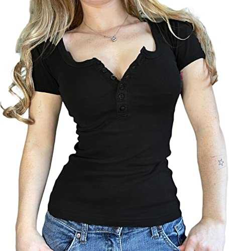 Women Sexy Long Sleeve Henley T Shirts V Neck Button up Casual Basic Y2K Slim Fitted Ribbed Knit Crop Tops
