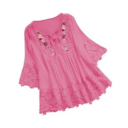 Ladies Tops 16-30 Cotton Linen Embroidered Tops 3/4 Sleeve Summer Blouses Dressy Shirts Lace Tees Baggy Long Tunic T Shirts Boho Peasant Blouse Trendy Clothes UK Sale Clearance