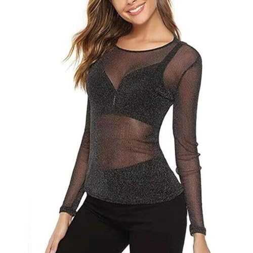 Women See Through Mesh Tops Round Neck Long Sleeves Party Top for Going Out, Sheer Mesh Glitter Tops for Festival Club Outfit, Cover Up Clubwear Tops Blouse, Summer Sexy Sparky Tee Top Blouse