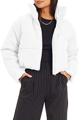 AUTOMET Women's Winter Coats Cropped Puffer Jacket Long Sleeve Zip Stand Collar Pockets Baggy Short Warm Down Jackets