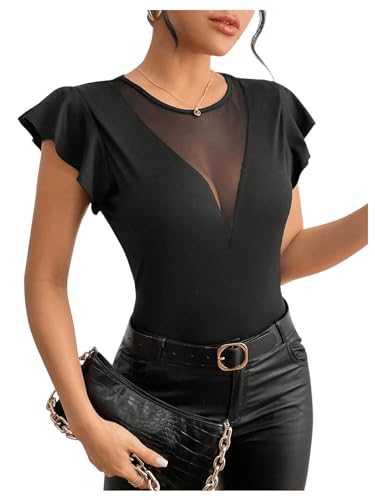GORGLITTER Women's Sheer Mesh Tees Ruffle Cap Sleeve Slim Fitted Top Sexy Crew Neck Club Party T Shirts
