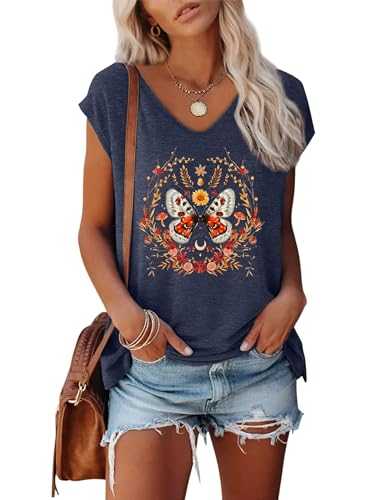 Anbech Cap Sleeve Tops Women Graphic V Neck Tank Tops Solid Print Casual T-Shirts