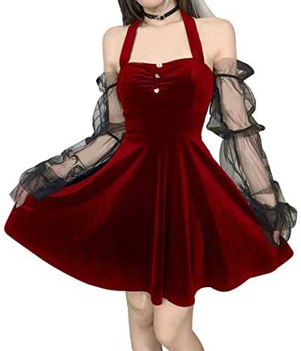 Gothic Dress Women Halter Off Shoulder Sheer Long Puff Sleeve Backless Dress Halloween Velvet Vintage Dresses