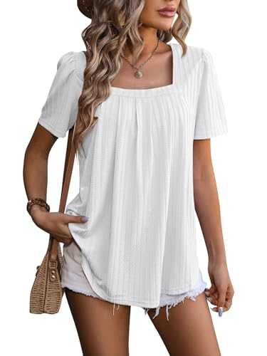 Ladies Blouses Square Neck Tops Short Sleeve Womens Blouses Pleated Tunic Tops Floaty Spring Summer Going Out Tops T Shirts for Women Size UK 10/12/14/16/18