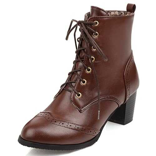 UniqueStride Women's Brogue Ankle Boots Lace Up Ankle Bootie with Chunky Block Heel Round Toe Shoes