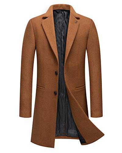 PRIJOUHE Men's Wool Trench Coat Single Breasted Slim Fit Mid-Length Notched Collar Winter Overcoat Quilted Pea Coats