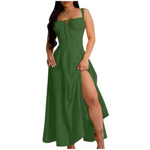 Zeiayuas Milk Maid Dress Women UK Sale Clearance Strappy Dresses Square Neck Sleeveless Maxi Dress Summer Elegant Party Dress Boho Beach Holiday Long Dress Ladies High Split Milkmaid Sundress