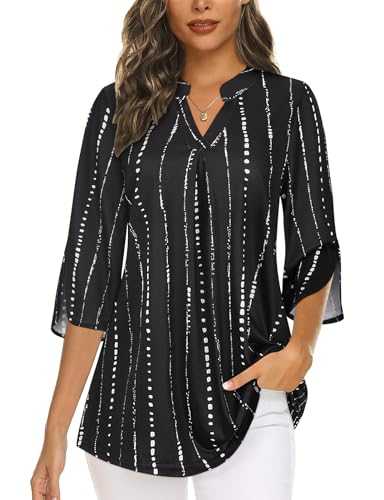 Flikity Womens V Neck Tops 3/4 Sleeve Pleated Floral Loose Casual Blouse Dressy Tunic Shirts