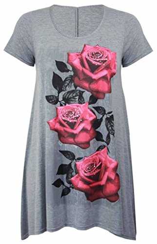 Made by Malaika® New Girl Women Ladies Rose Print Plain Cap Sleeve Scoop Neck Hanky Hem Flared Swing Tunic T Shirt Top Plus Size 12-30 Grey