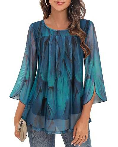 Gemulate Ladies Tops Womens Blouses Ruffle 3/4 Sleeve Tops for Women Loose Flowy Round Neck Tunic Tops Double Layers Mesh Shirts S-3XL