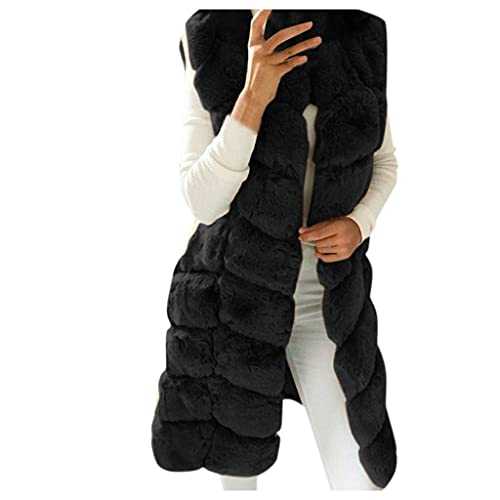 ZHINIAN Ladies Solid Color Long Gilet Jacket Faux-Fur Warm Casual Sleeveless Vest Waistcoat Plush Crew Neck Fashion Outwear Coat for Winter Autumn